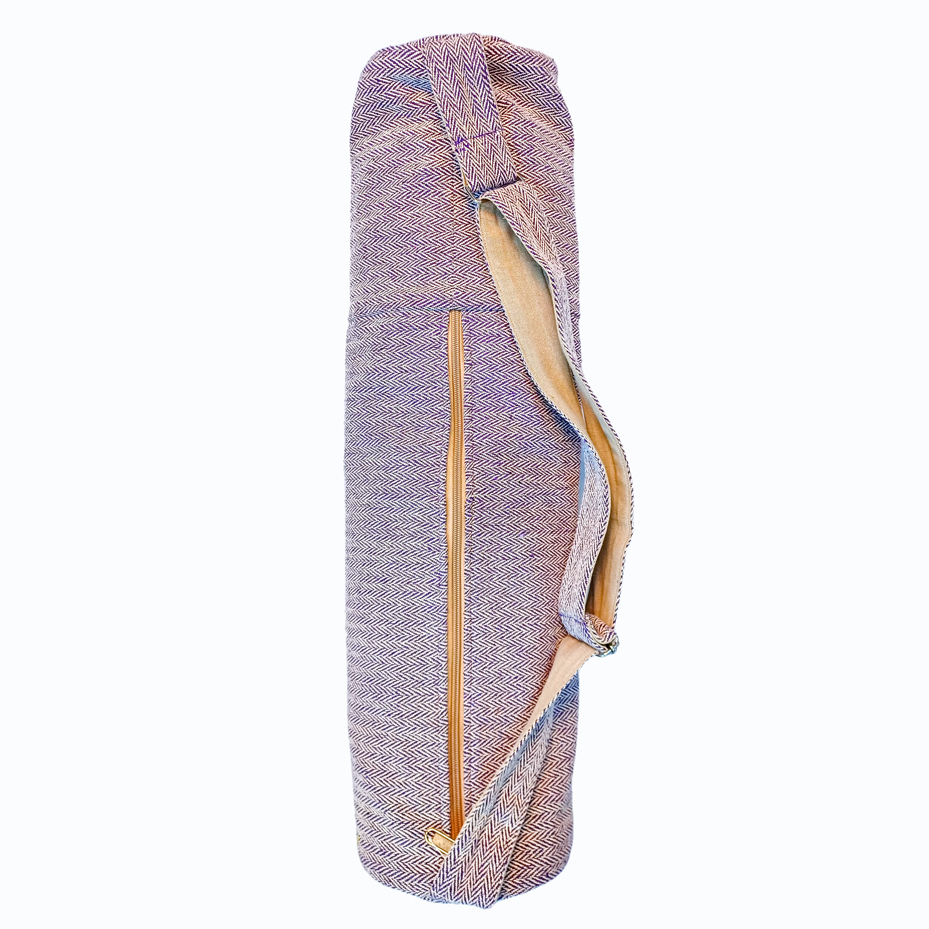 Opgerolde katoenen yogamat in draagtas met verstelbare schouderriem