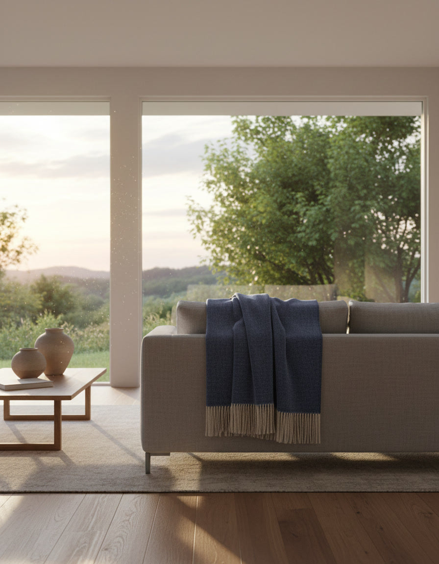 Blauwe kasjmier-merinowollen plaid gebruikt in een rustige, warme leefomgeving