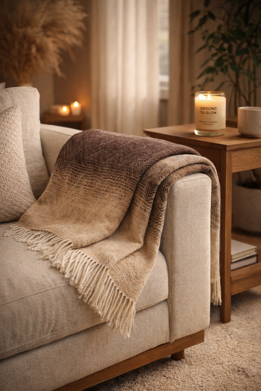 Wollen plaid over een stoel in warme setting voor rust en geborgenheid