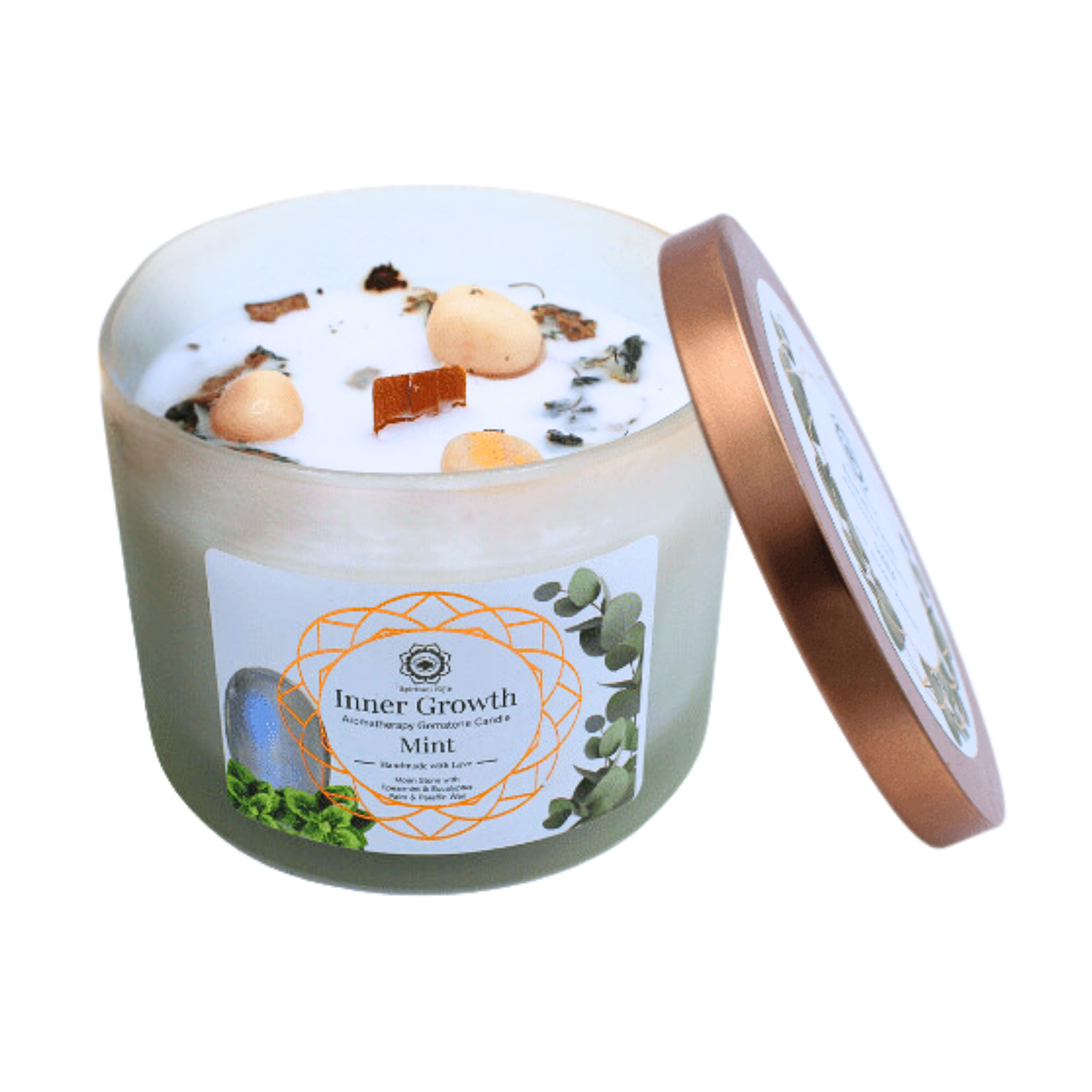 Green Tree Inner Growth munt geurkaars met edelstenen in glazen pot met koperkleurige deksel