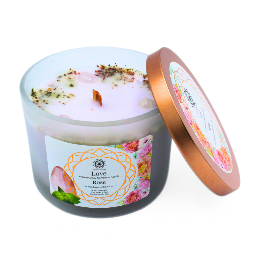 Green Tree Love Rose geurkaars met edelstenen in glazen pot met koperkleurige deksel