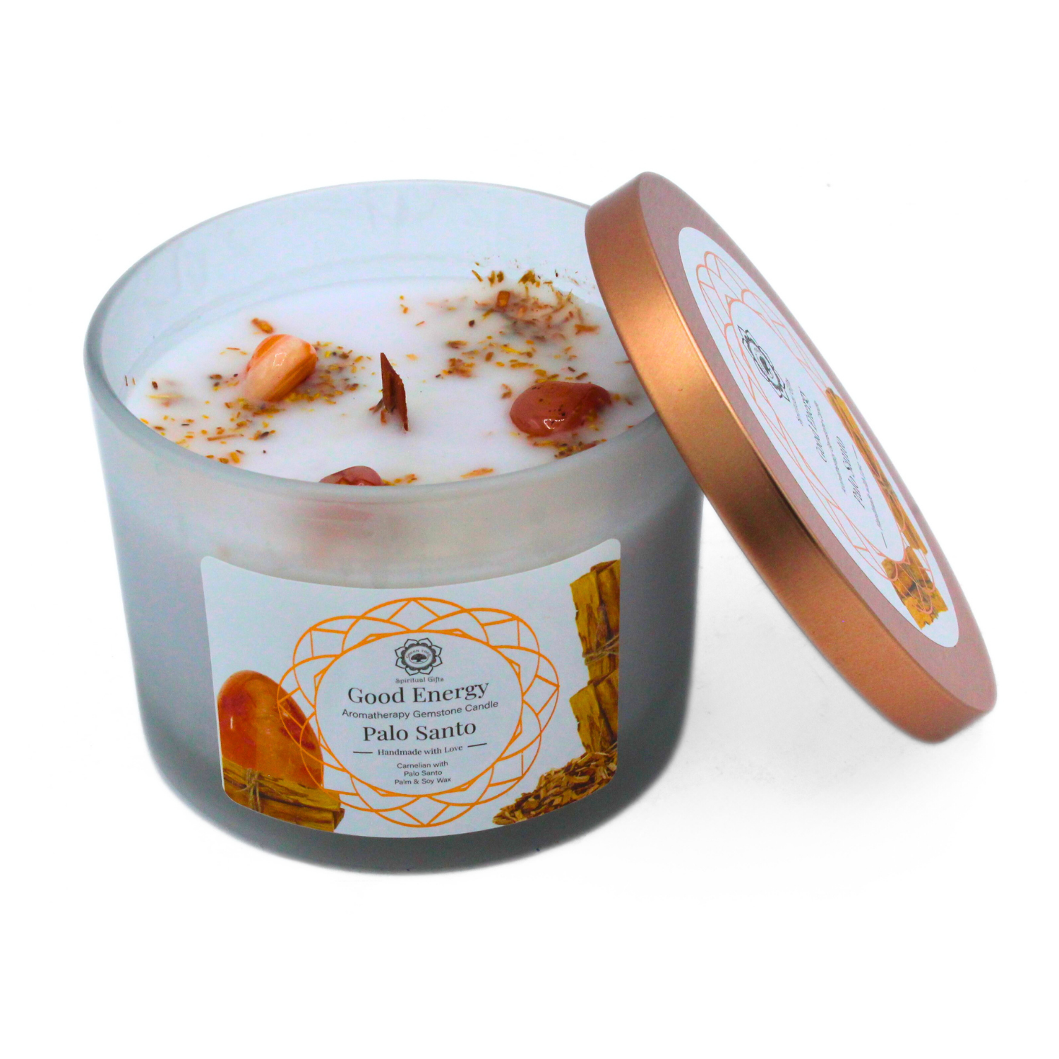 Green Tree Palo Santo geurkaars met edelstenen in glazen pot met koperkleurige deksel