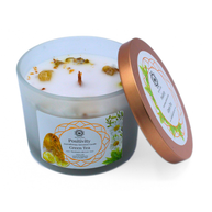Green Tree Positivity Groene Thee geurkaars met edelstenen in glazen pot met koperkleurige deksel
