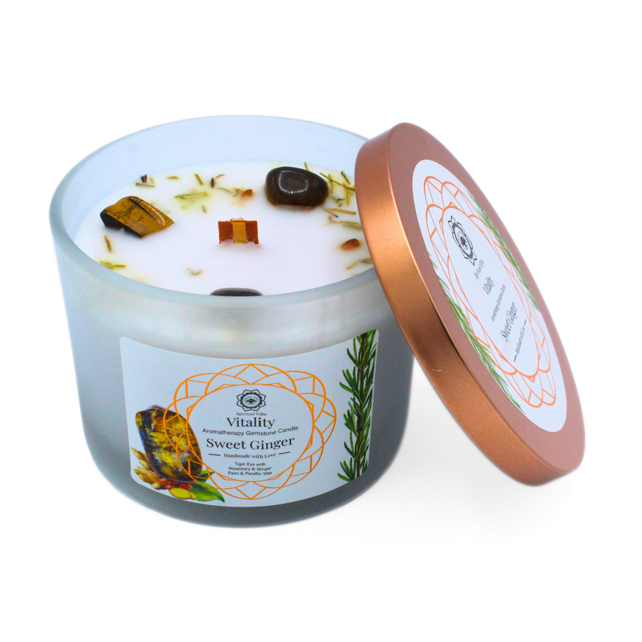 Green Tree Vitality zoete gember geurkaars met edelstenen in glazen pot met koperkleurige deksel