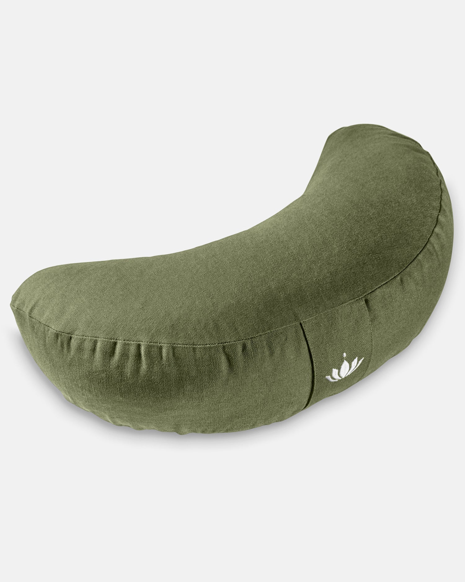 Halvemaan meditatiekussen van biologisch katoen in natuurlijk olijfgroen