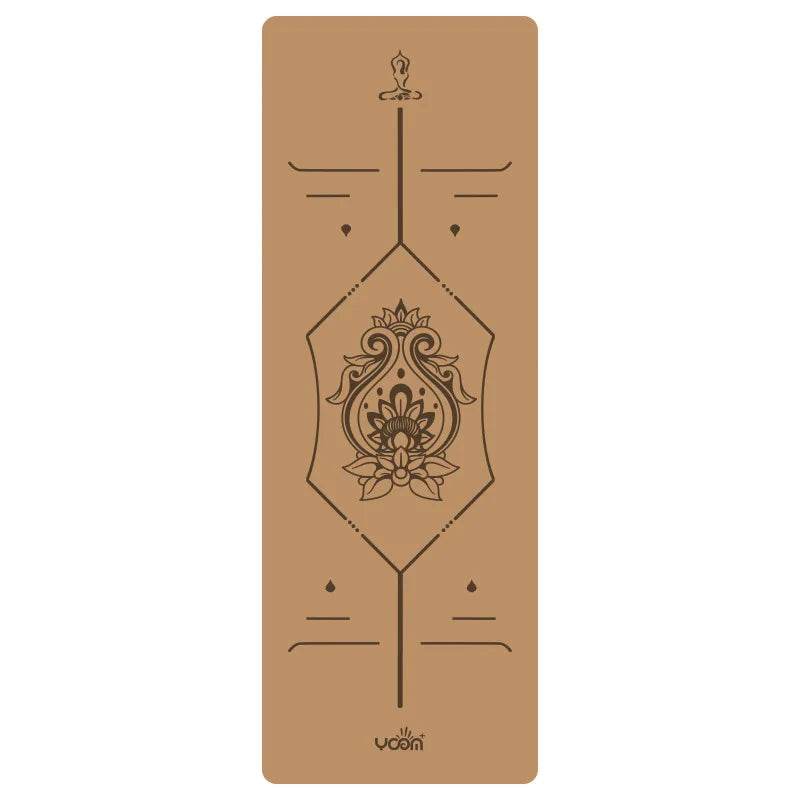 Kurken yogamat met centerlijn voor bewuste houding yoga met mandala