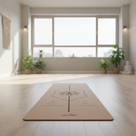 Kurken yogamat met natuurlijke uitstraling en subtiele uitlijningslijnen