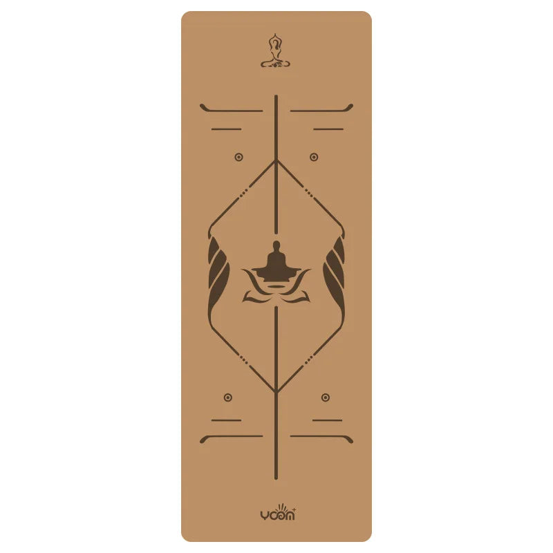 Kurken yogamat met uitlijningslijnen en geometrisch patroon