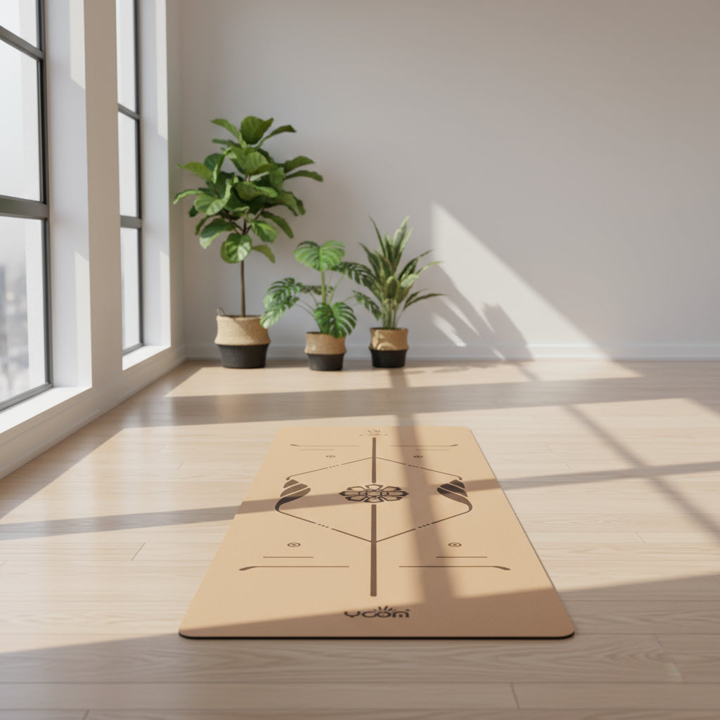 Kurken yogamat met uitlijningslijnen in een lichte, rustige ruimte
