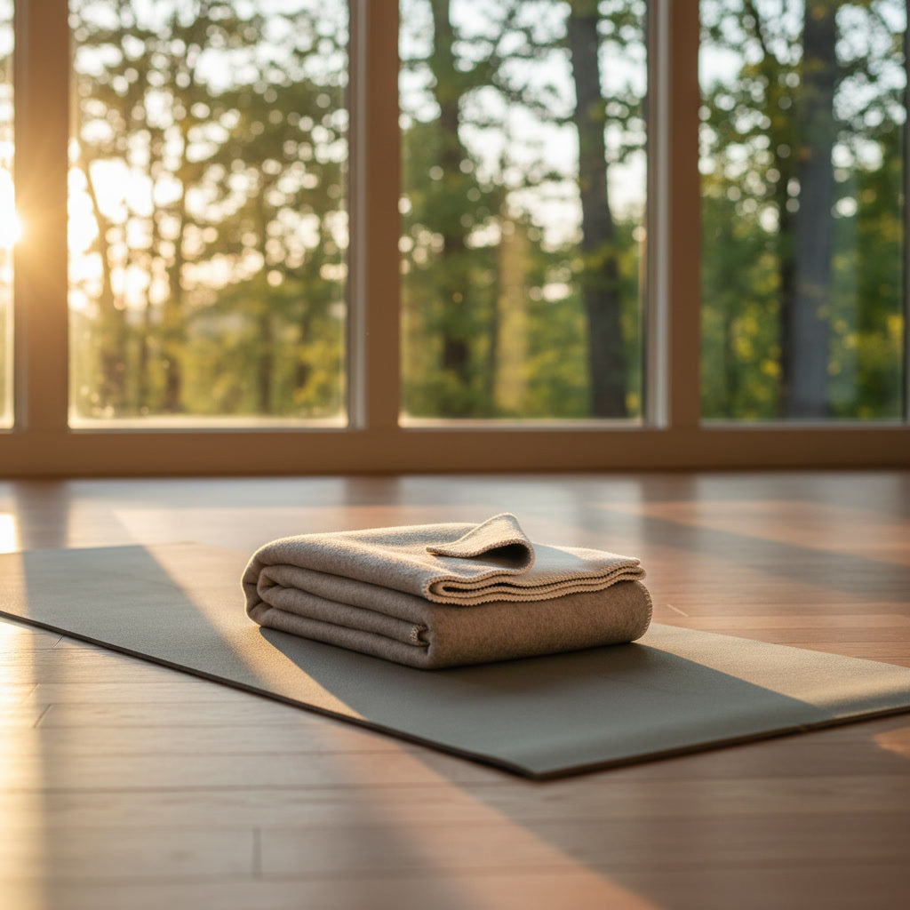 Merinowollen beddeken CASTLE WHITE netjes opgevouwen op yogamat