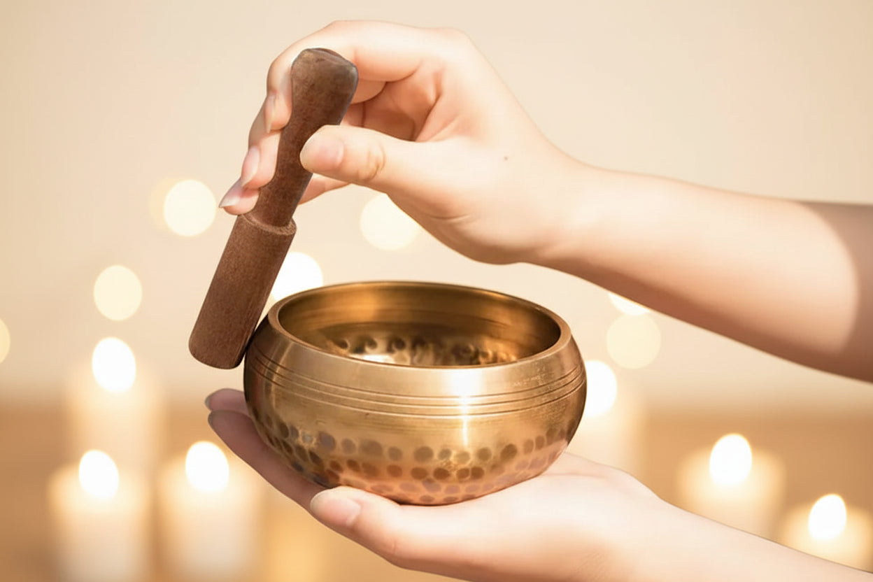 Messing klankschaal in handen met houten klopper tijdens meditatie