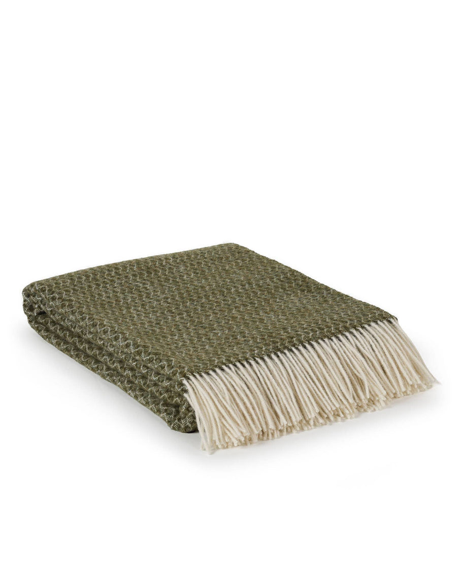 Olijfgroene wollen plaid BONBON van 100% Nieuw-Zeelandse wol met franjes