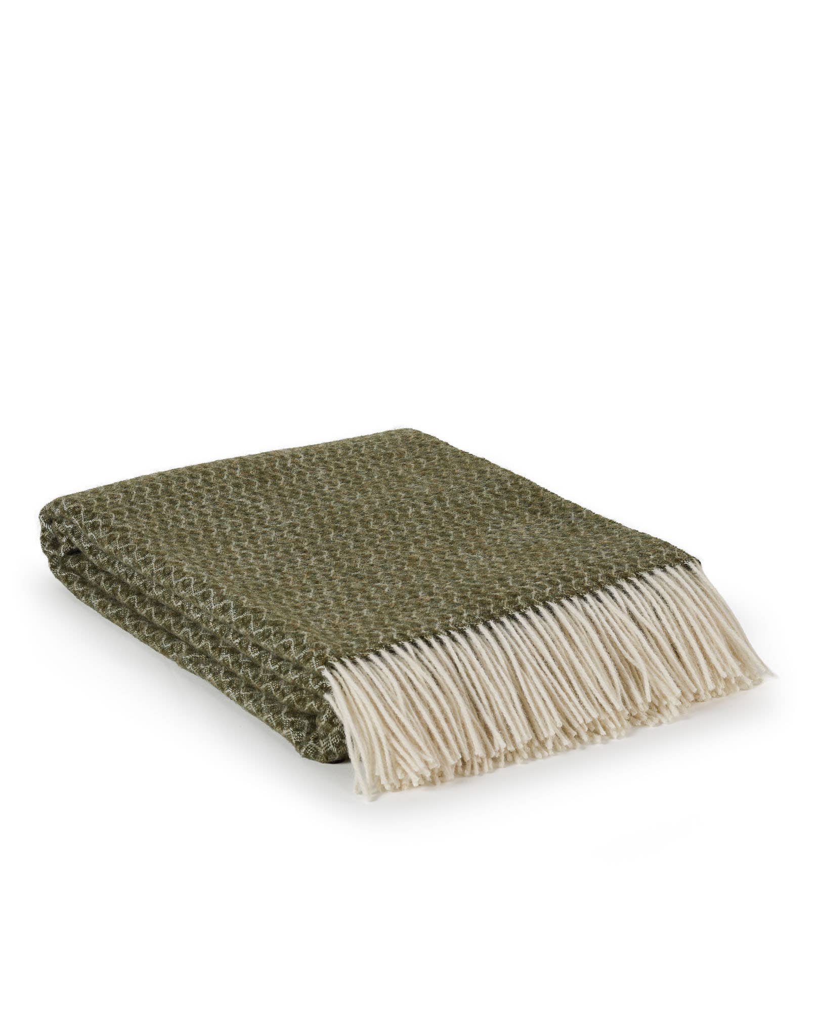 Olijfgroene wollen plaid BONBON van 100% Nieuw-Zeelandse wol met franjes