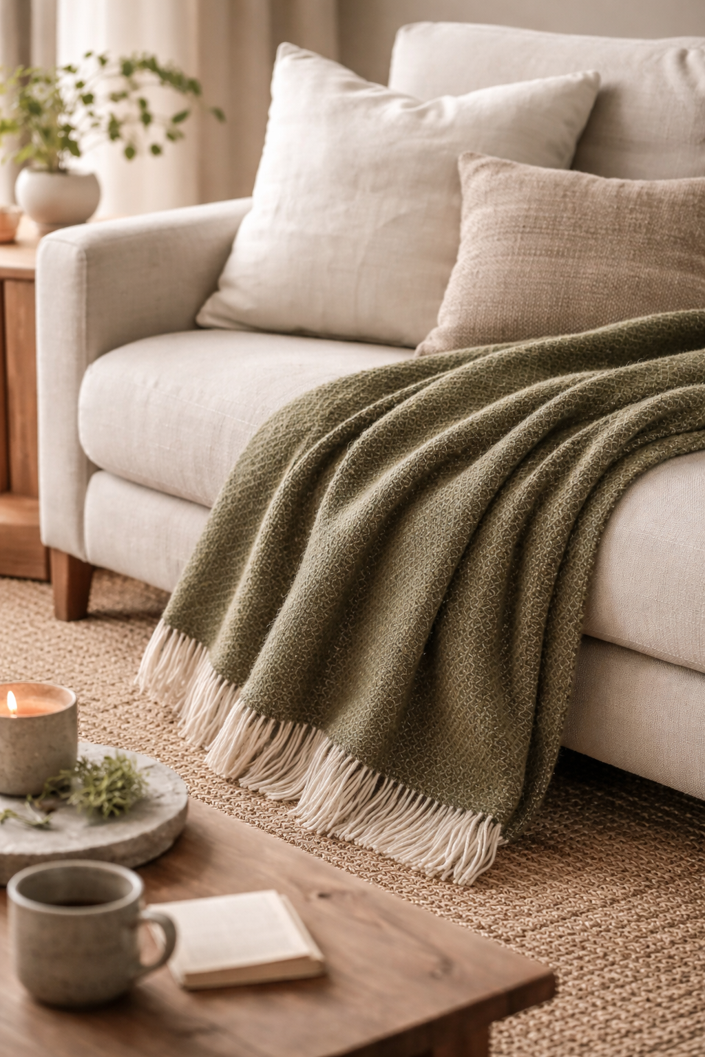 Olijfgroene wollen plaid op bank voor warmte, rust en een tijdloos interieur