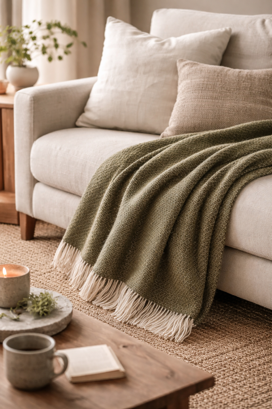 Olijfgroene wollen plaid op bank voor warmte, rust en een tijdloos interieur