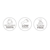 Drie iconen die de kernwaarden van de mat bevestigen: 100% recyclebaar, lage CO2-voetafdruk en volledig gifvrij materiaal.