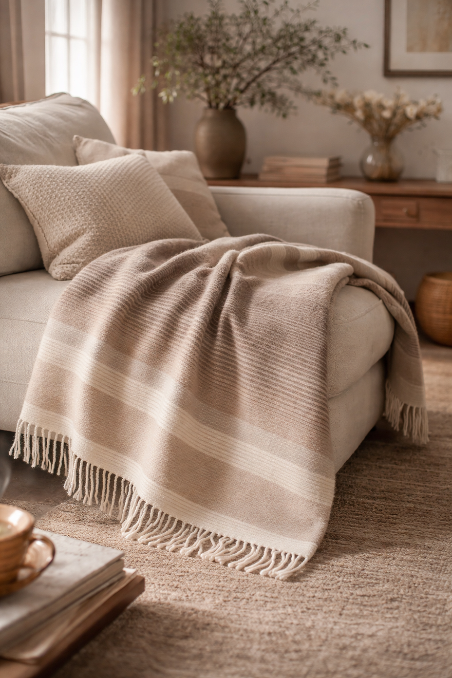 Plaid van Mongoolse wol op lichte bank in rustig, natuurlijk interieur