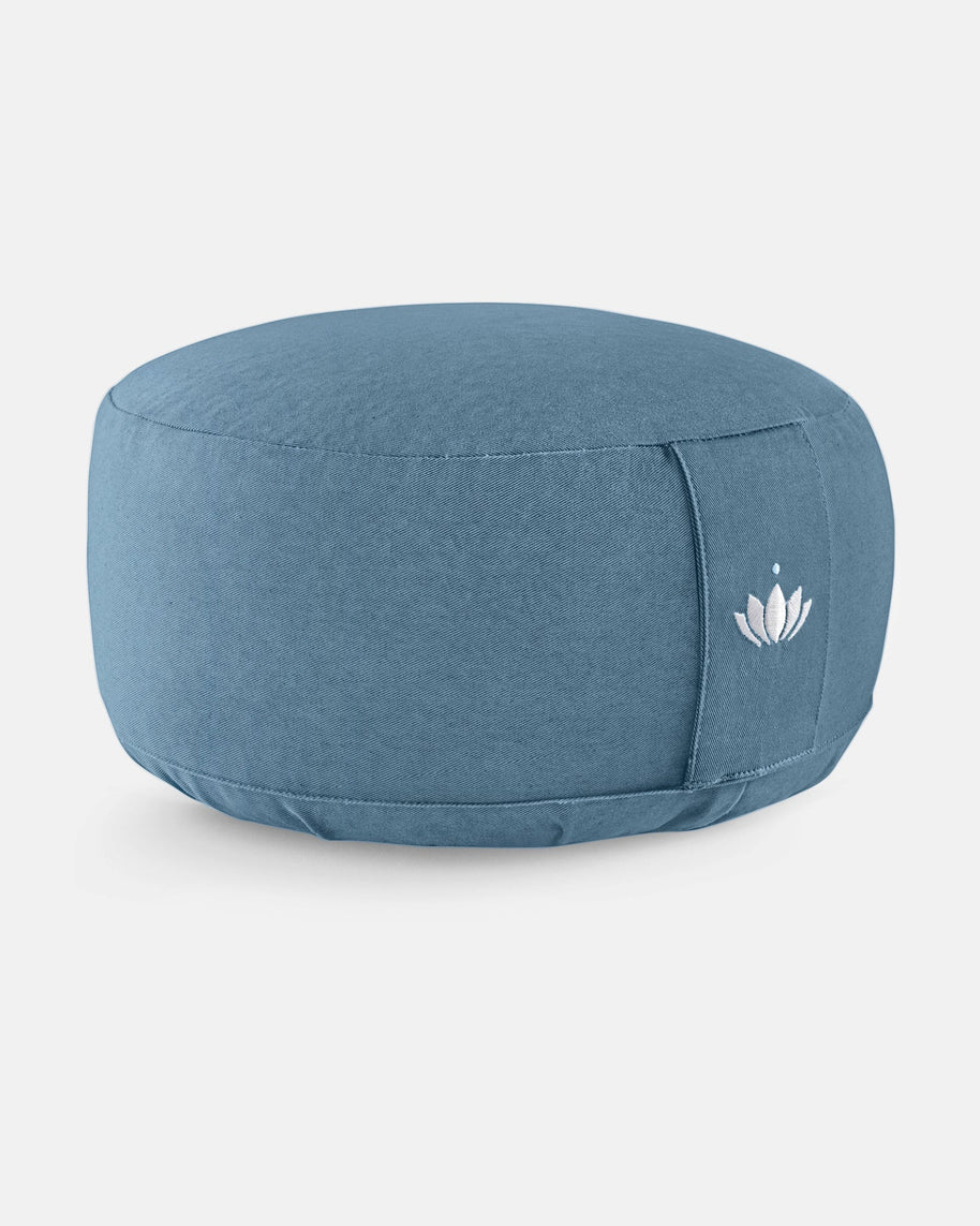 Rond meditatiekussen van biologisch katoen in zacht blauw