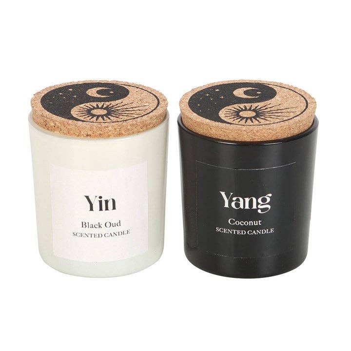 Set van 2 Yin Yang geurkaarsen Black Oud en Coconut in glazen potten