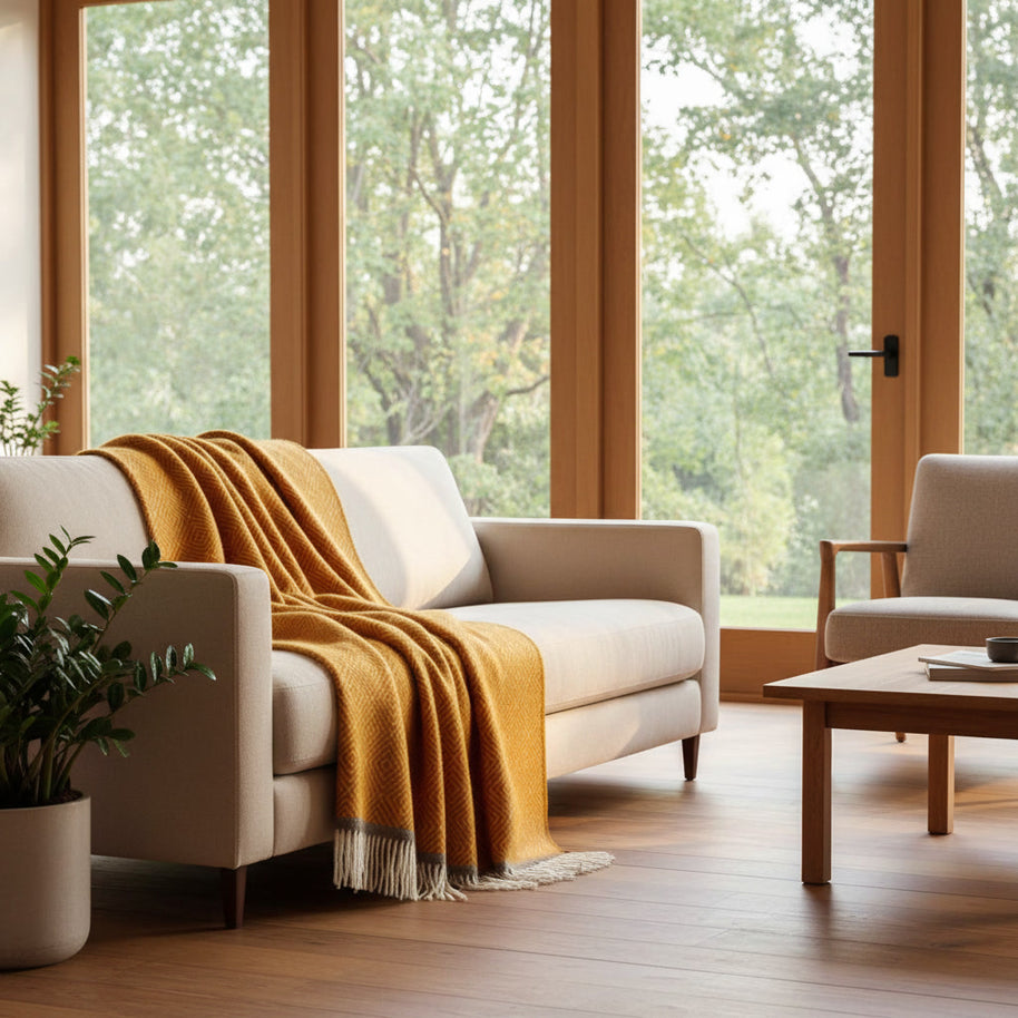 Warmgele wollen deken in een lichte woonkamer met houten accenten