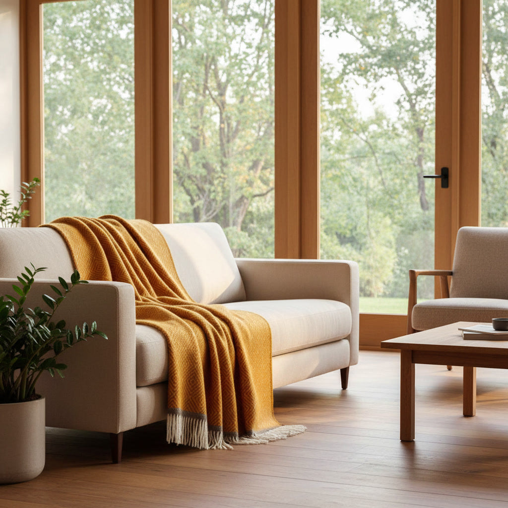 Warmgele wollen deken in een lichte woonkamer met houten accenten