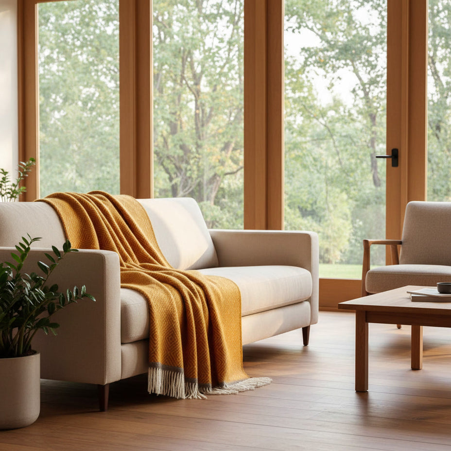 Warmgele wollen deken in een lichte woonkamer met houten accenten
