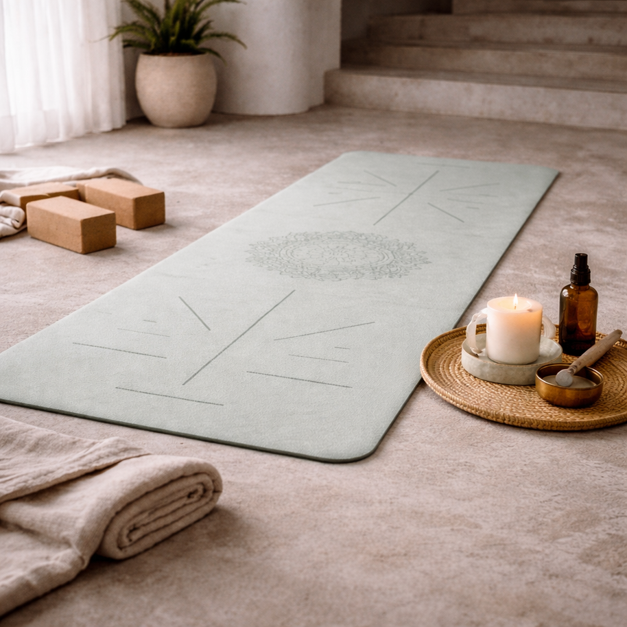 Yogamat in huis met zachte uitstraling voor yoga, stretching en meditatie incl uitlijningslijnen