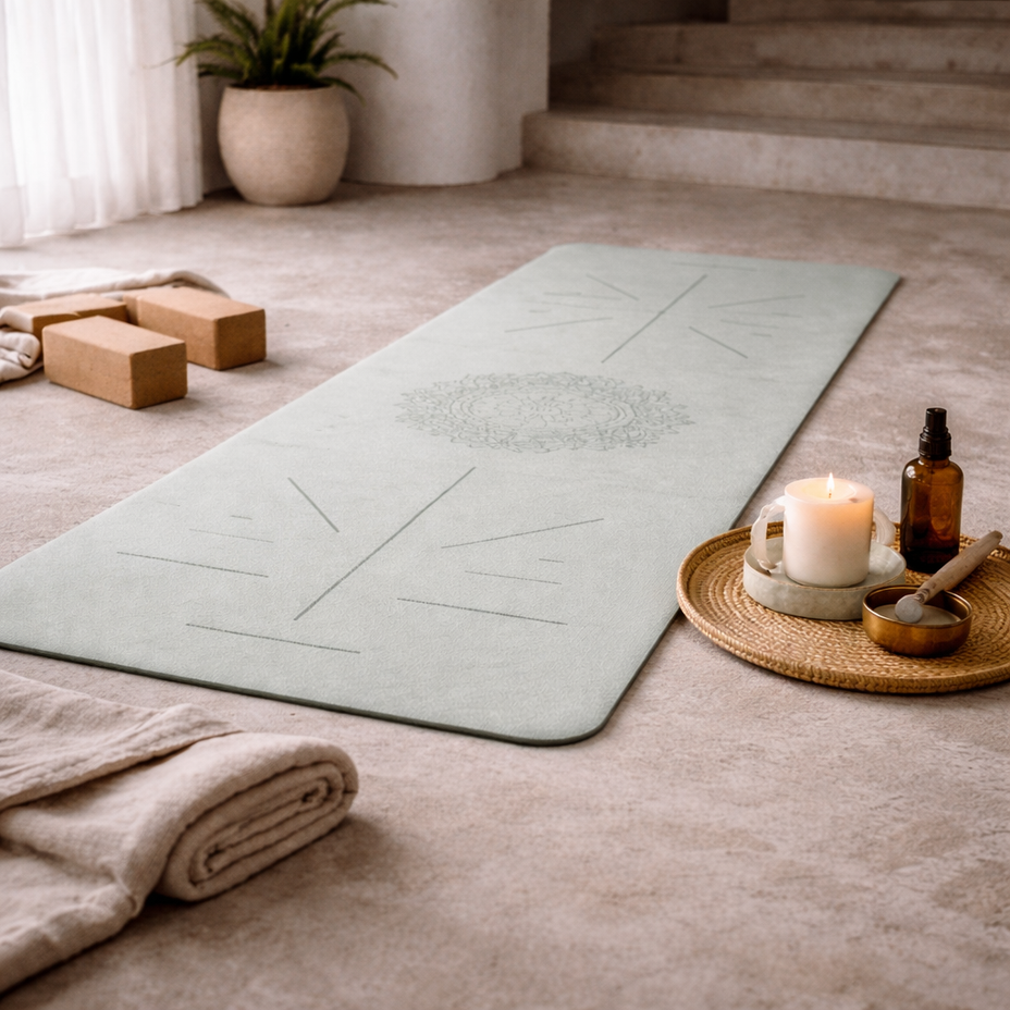 Yogamat in huis met zachte uitstraling voor yoga, stretching en meditatie incl uitlijningslijnen