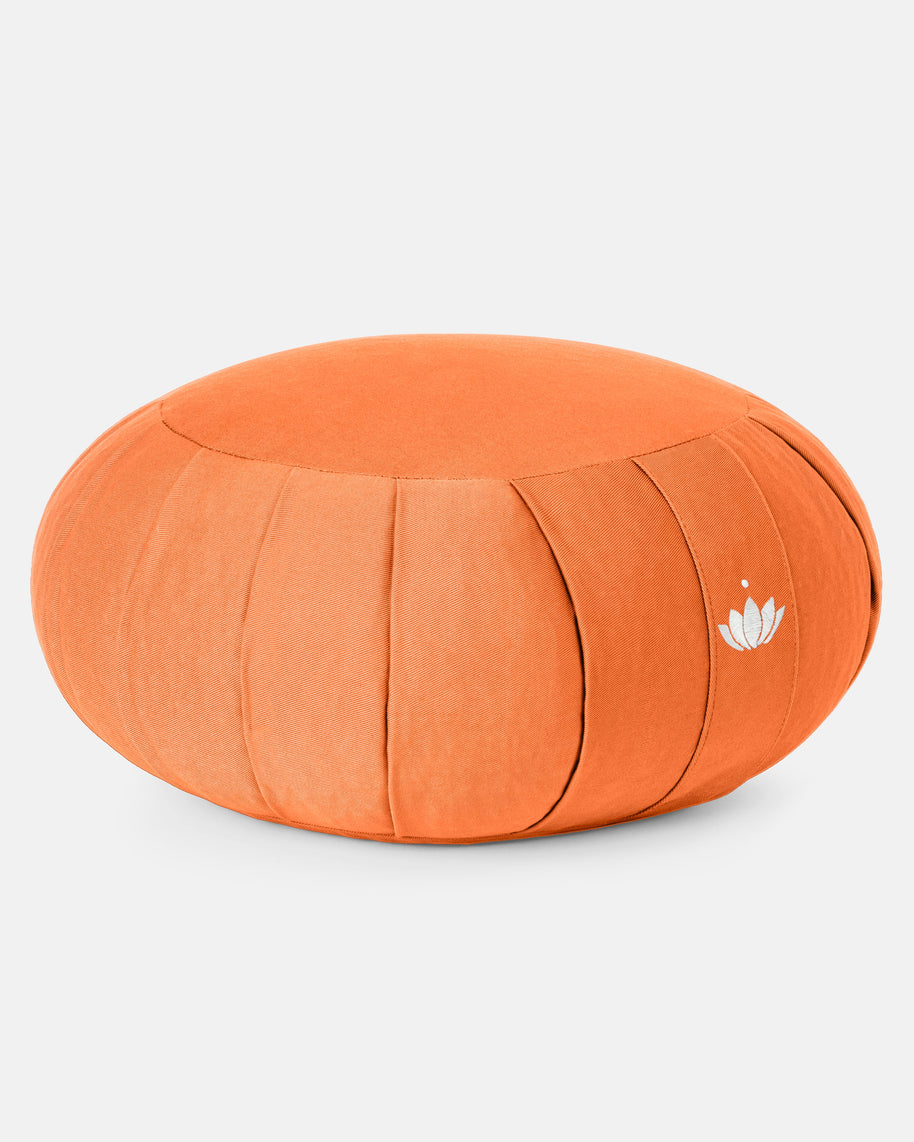 Oranje Zafu meditatiekussen met lotuslogo