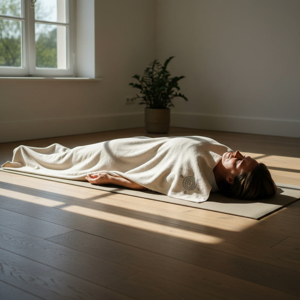 Zachte katoenen yogadeken in neutrale tint, ideaal voor ontspanning en savasana