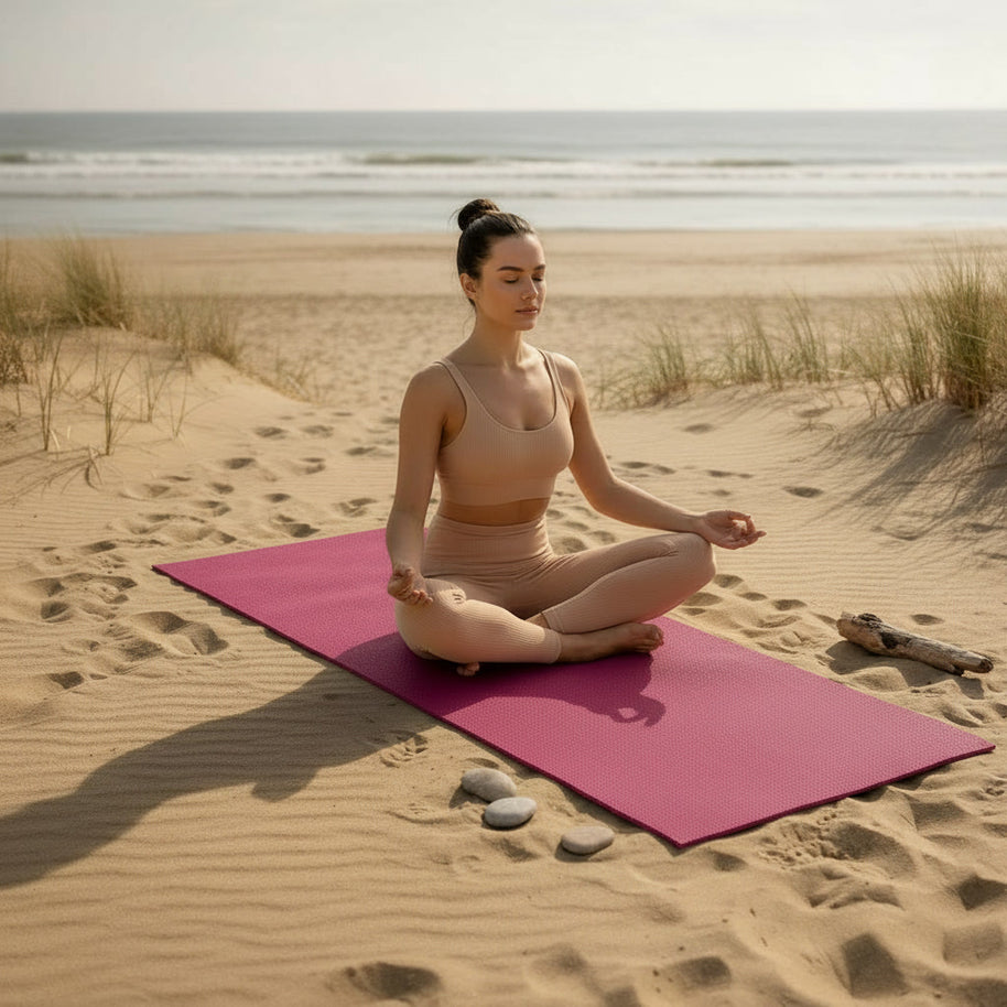 Vrouw die een ontspanningsoefening doet op de 4mm dikke EXTRA yogamat ter bescherming van gevoelige knieën en gewrichten.