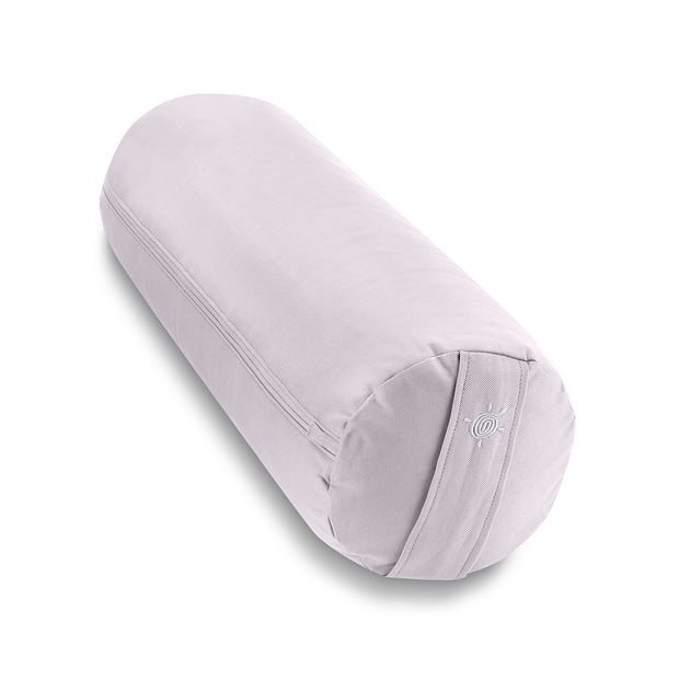 Lichtgrijze yoga bolster met draaglus, geschikt voor ontspanning en ondersteuning van rug en benen