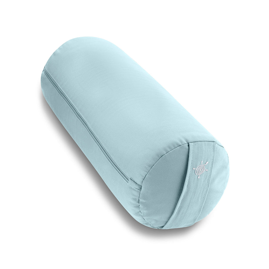 Lichtblauwe yoga bolster van katoen, cilindervormig en stevig gevuld voor optimale ondersteuning