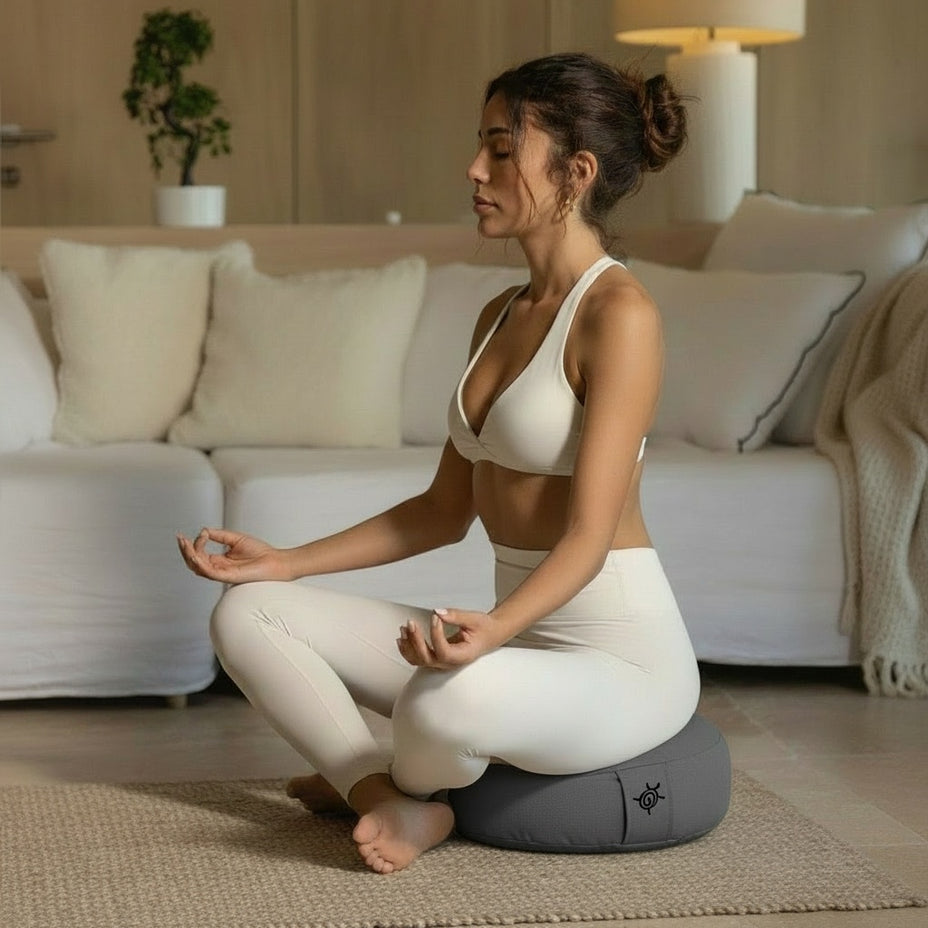 Vrouw mediteert ontspannen op een rond meditatiekussen in een rustige, lichte ruimte