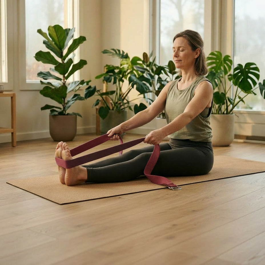 yogi van middelbare leeftijd in een zittende vooroverbuiging op een kurk yogamat, waarbij zij de burgyndy rode  katoenen yogariem ver weg van haar voeten vasthoudt om haar rug recht en borstkas open te houden in een rustig, zonovergoten interieur.