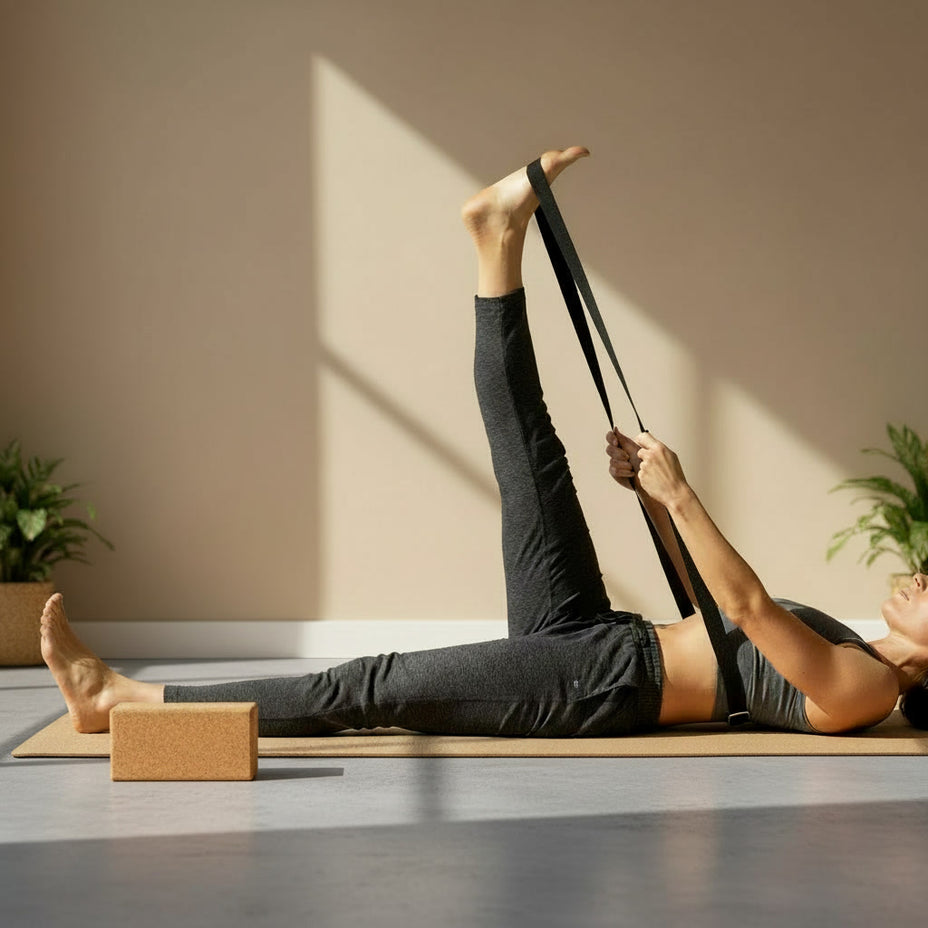Yoga blokken en straps van natuurlijke materialen voor uitlijning en ondersteuning bij actieve en rustige yogahoudingen.